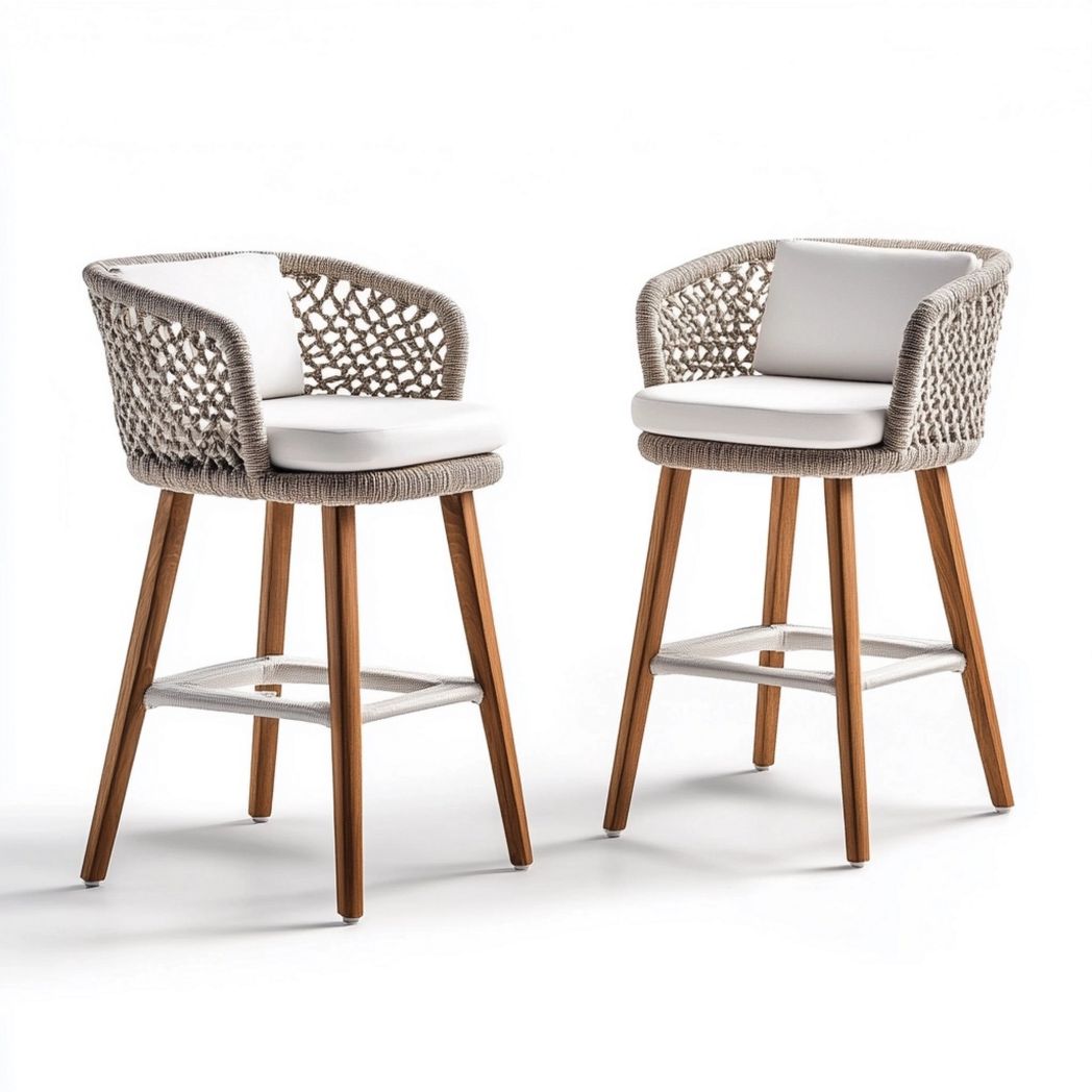 Taburetes altos de cuerda sintética para exteriores beige con estructura de madera y respaldos cómodos-Douxtendance