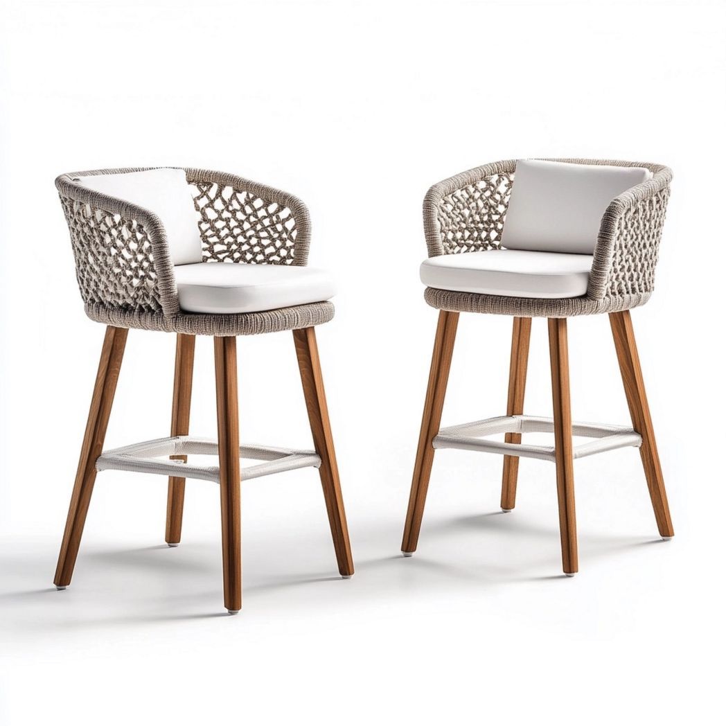 Taburetes altos de cuerda sintética para exteriores beige con estructura de madera y respaldos cómodos-Douxtendance