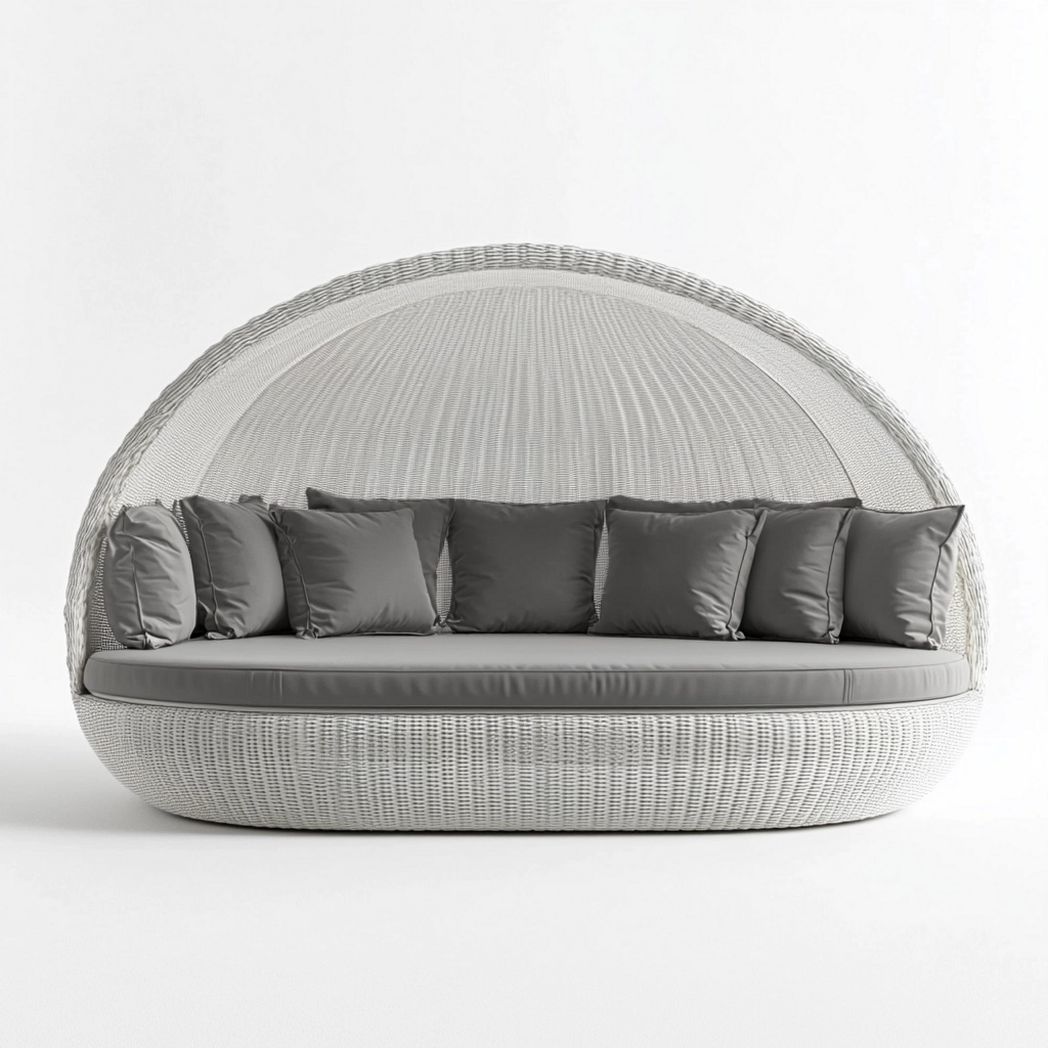 Cama Solárium Semi-Circular Mimbre Exterior Cojines Gris Jardín 200x180cm-Douxtendance