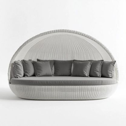 Cama Solárium Semi-Circular Mimbre Exterior Cojines Gris Jardín 200x180cm-Douxtendance