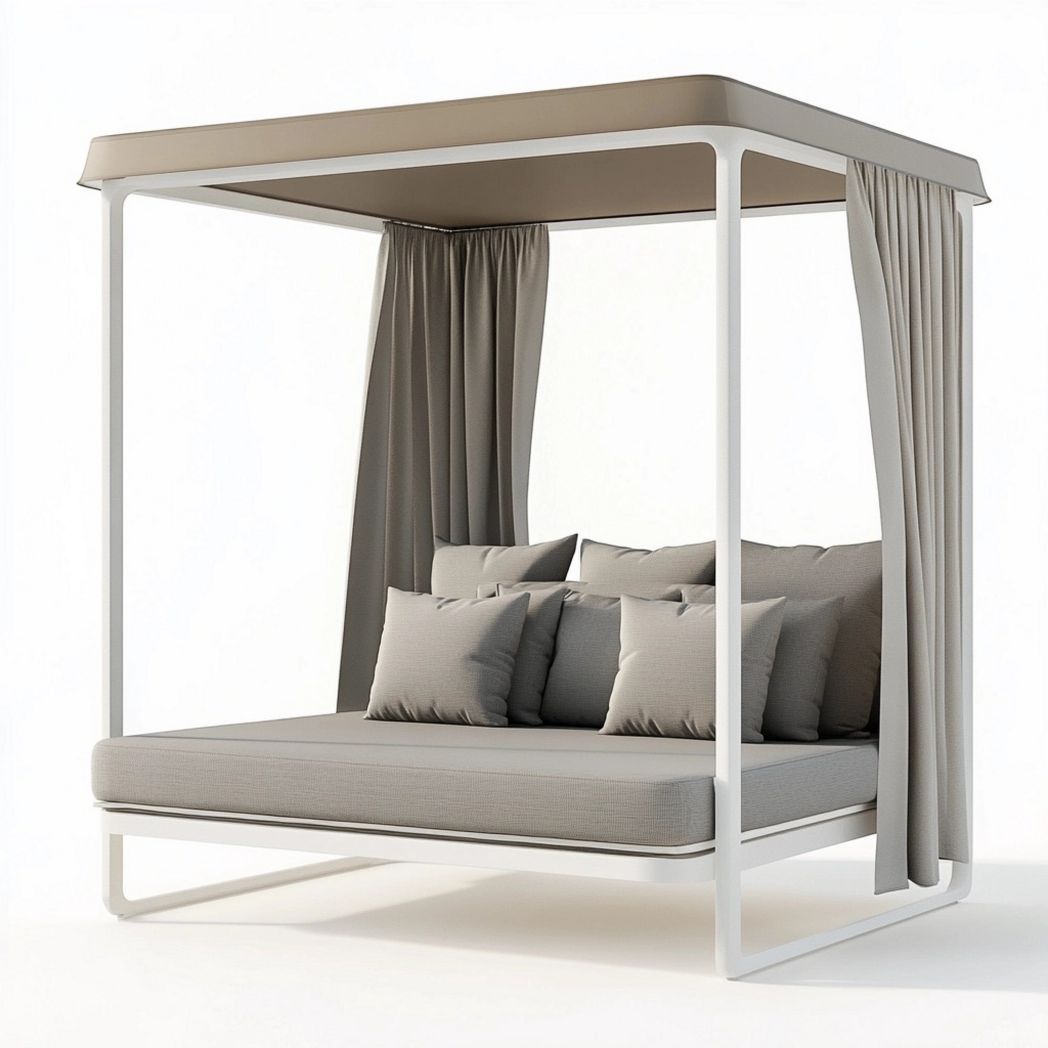 Cama Balinesa Exterior Moderna Aluminio Techo Tela Gris Jardín 200x150cm-Douxtendance