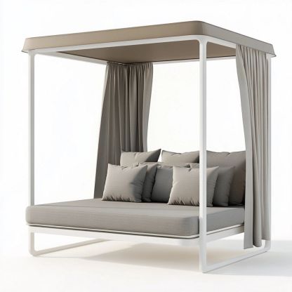 Cama Balinesa Exterior Moderna Aluminio Techo Tela Gris Jardín 200x150cm-Douxtendance