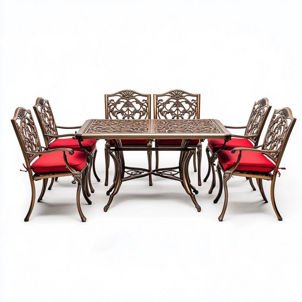 Conjunto de Muebles de Comedor Exterior de Aluminio Fundido con Cojines Rojos para Jardín Terraza 6 Sillas-Douxtendance