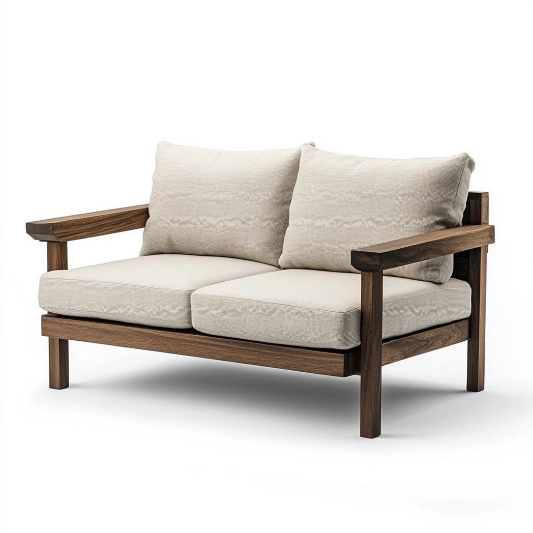 Sofá doble de exterior de madera maciza con cojines de tela color marfil – 140 cm, cómodo y resistente-Douxtendance