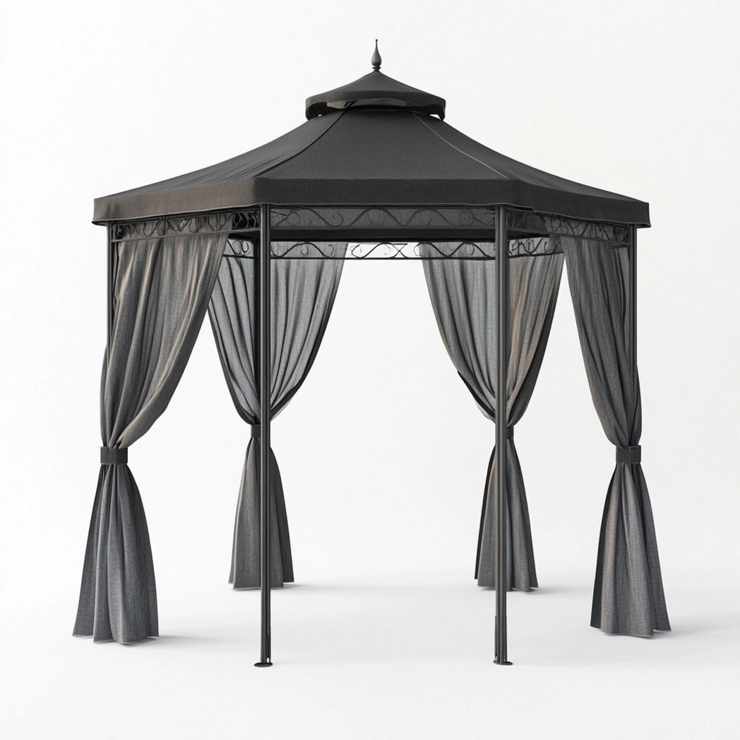 Pabellón de Jardín Metálico con Cortinas Gris para Exterior 3x3 metros-Douxtendance