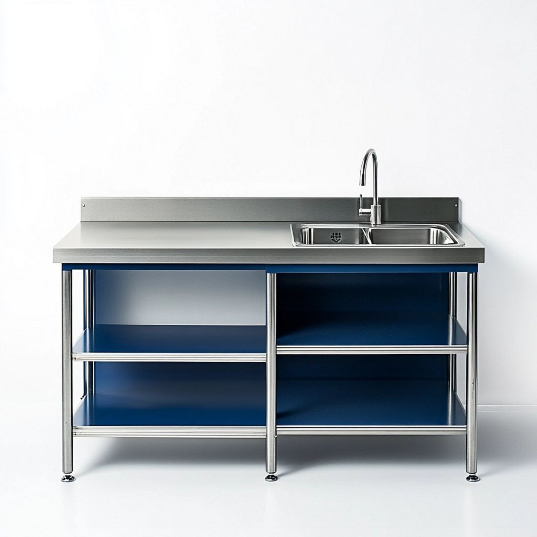 Mesa de trabajo de acero inoxidable con fregadero y almacenamiento para cocina exterior, color azul, 150×70 cm-Douxtendance