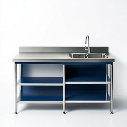 Mesa de trabajo de acero inoxidable con fregadero y almacenamiento para cocina exterior, color azul, 150×70 cm-Douxtendance