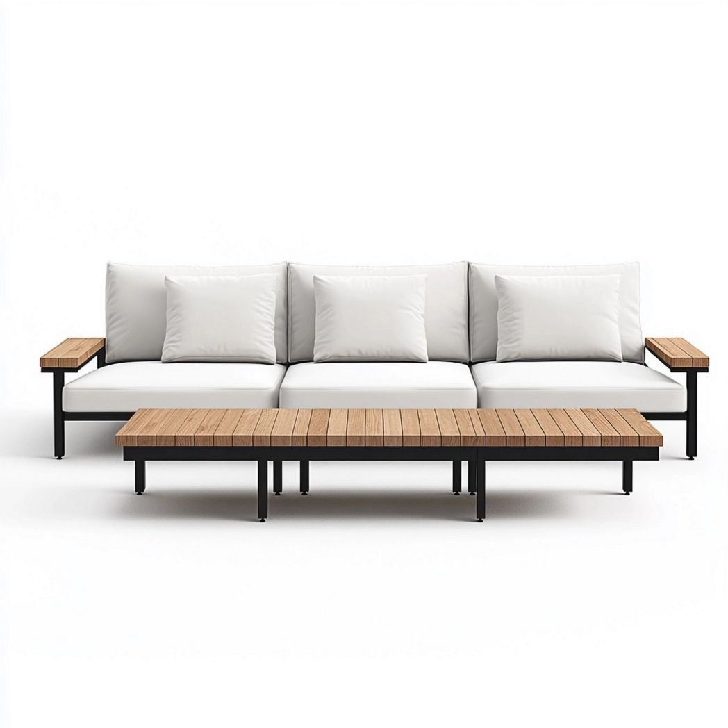 Sofá de Exterior Moderno 3 Plazas con Cojines Tela Marco Metal Madera Blanco/Juego de Terraza-Douxtendance