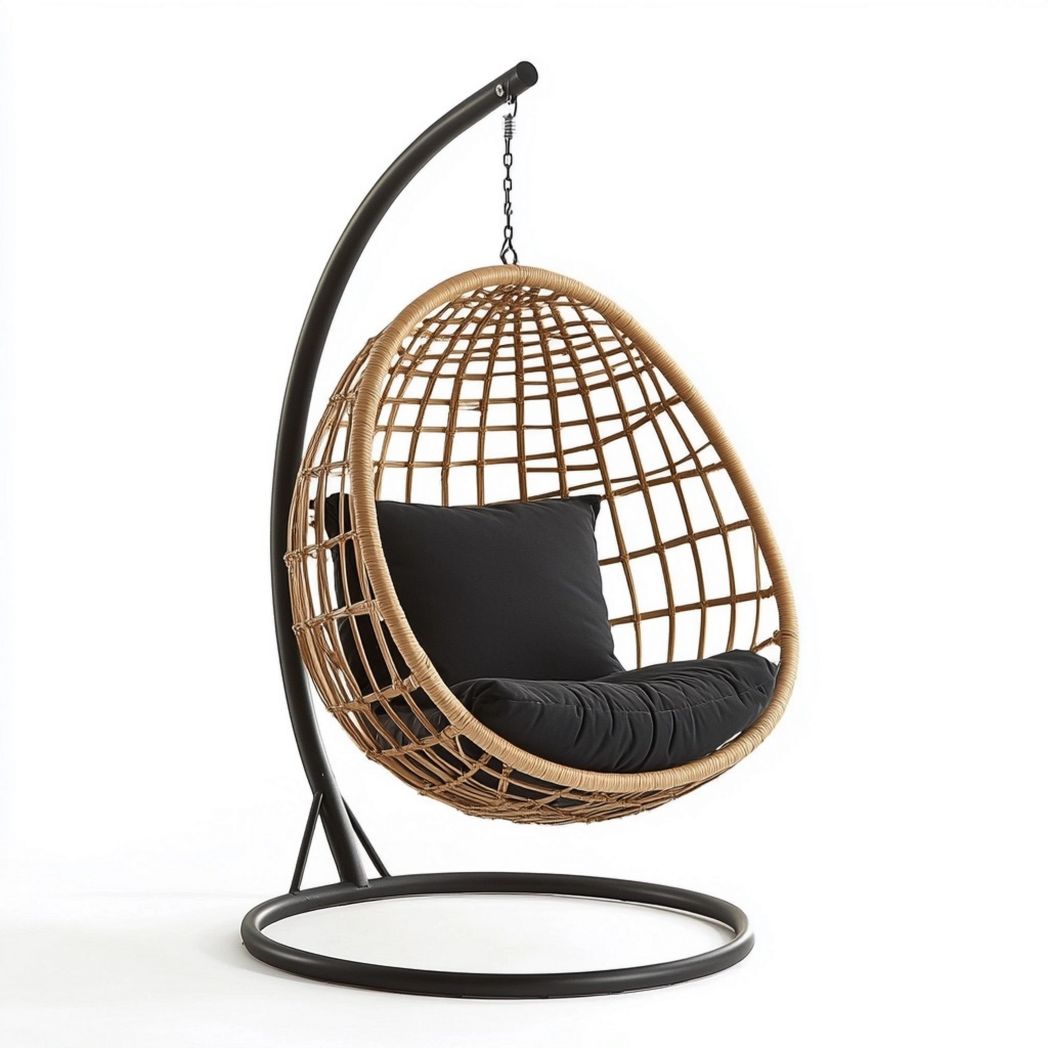 Silla Colgante de Mimbre para Exterior con Cojín Negro Soporte Metálico Elegante-Douxtendance