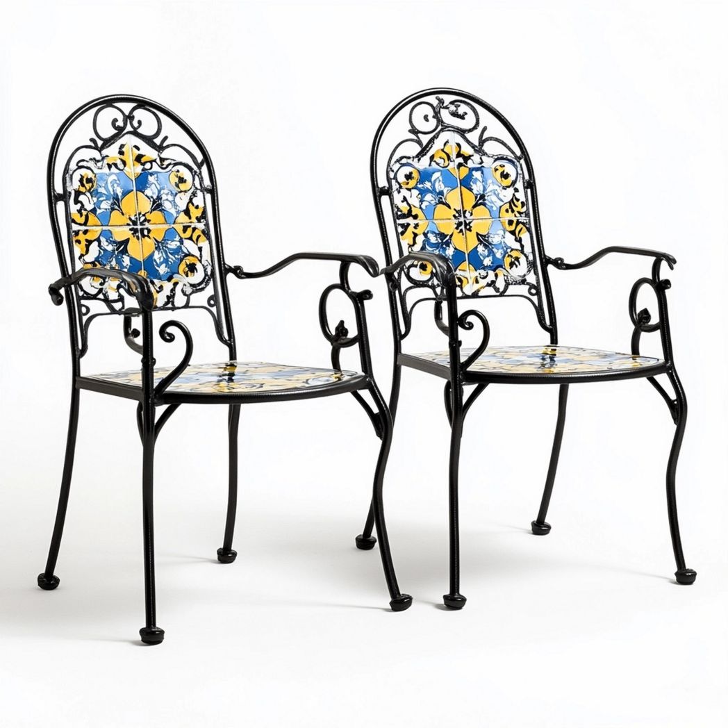 Sillas de jardín con mosaico de cerámica y estructura de hierro para exteriores de color negro/azul/amarillo-Douxtendance