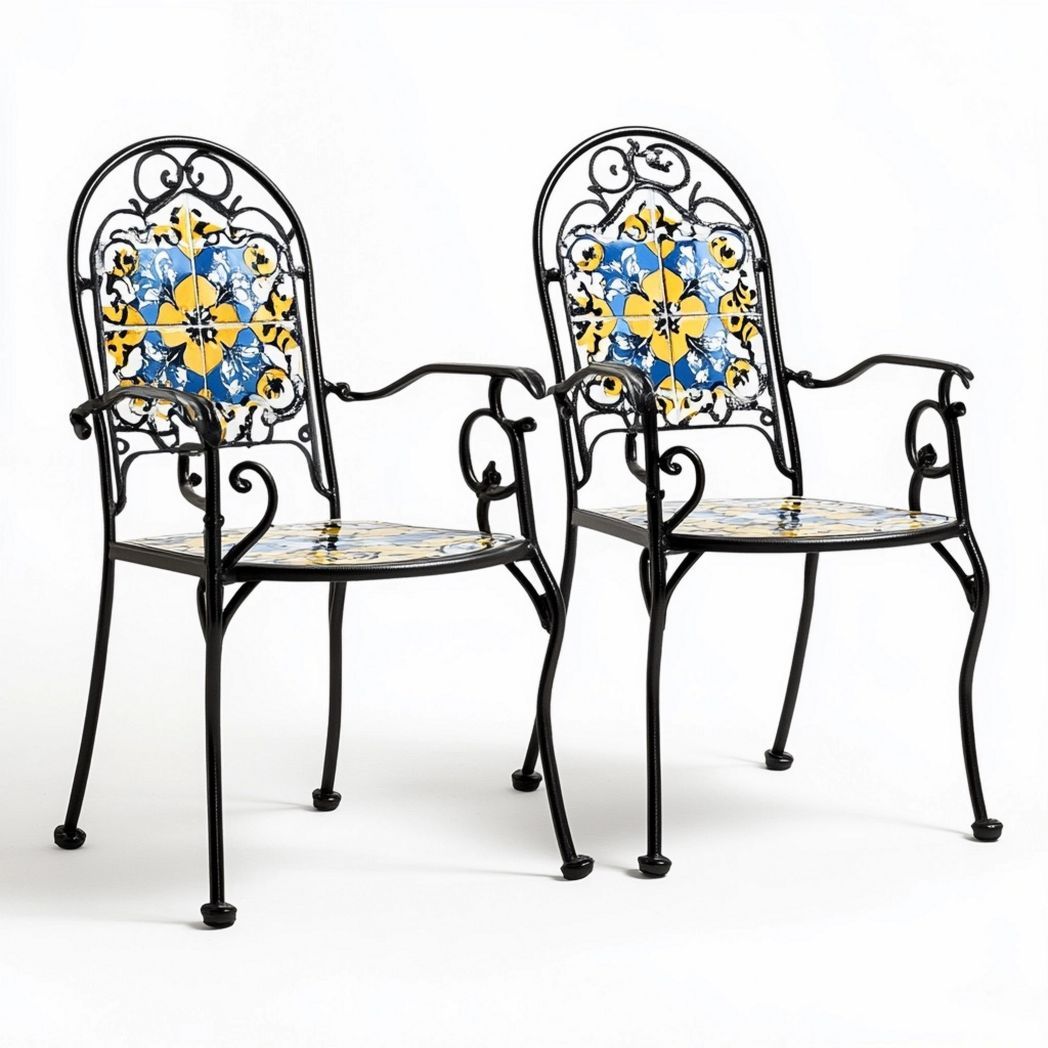 Sillas de jardín con mosaico de cerámica y estructura de hierro para exteriores de color negro/azul/amarillo-Douxtendance