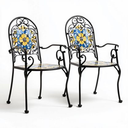 Sillas de jardín con mosaico de cerámica y estructura de hierro para exteriores de color negro/azul/amarillo-Douxtendance