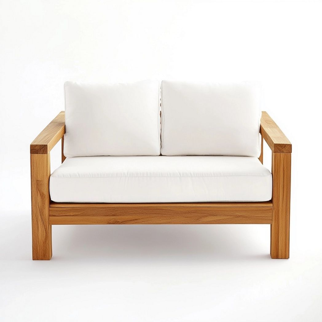 Sofá de Jardín de Madera Teca Cojines Desenfundables Blanco Terraza Exterior 130x75x70cm-Douxtendance