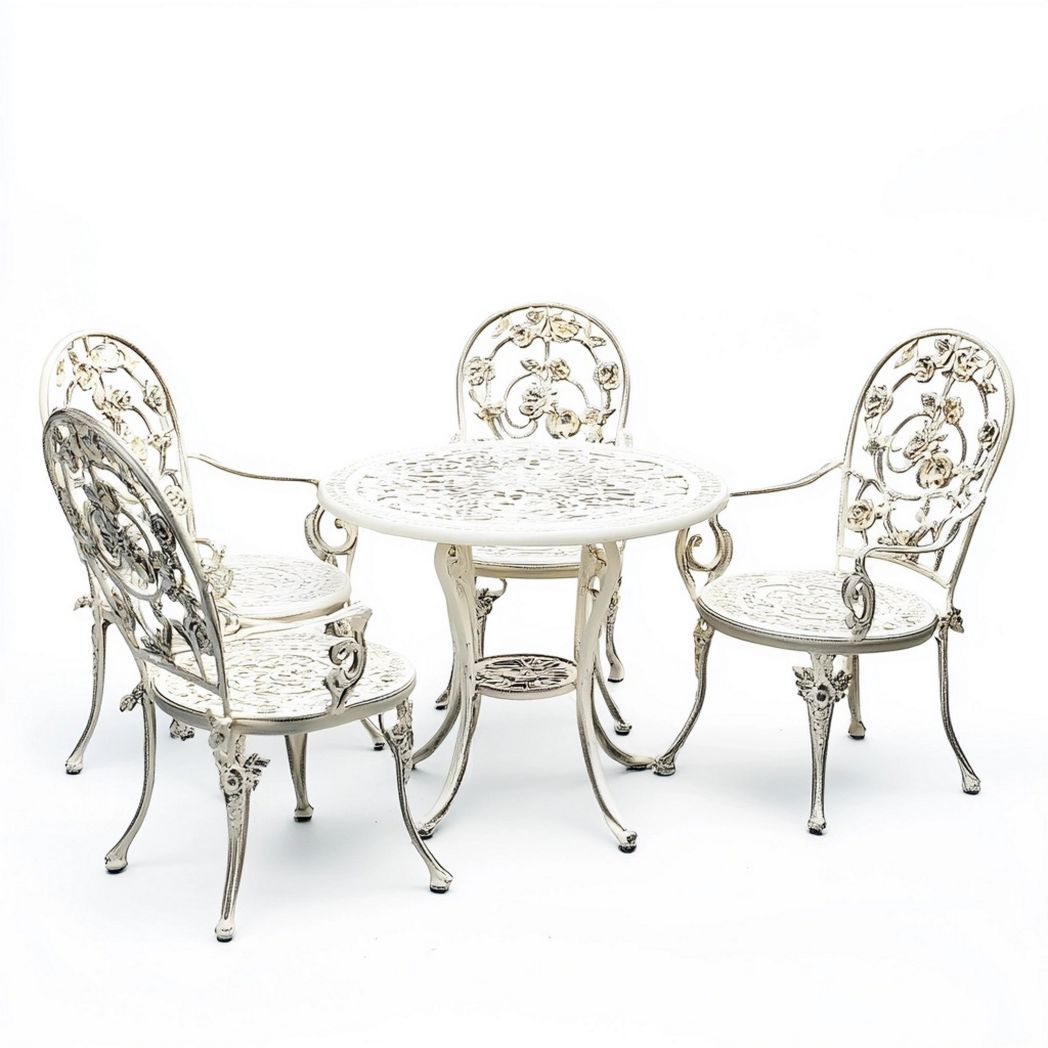 Conjunto de Muebles de Jardín Mesa Redonda y Sillas de Aluminio Fundido Blanco Decoración Exterior-Douxtendance