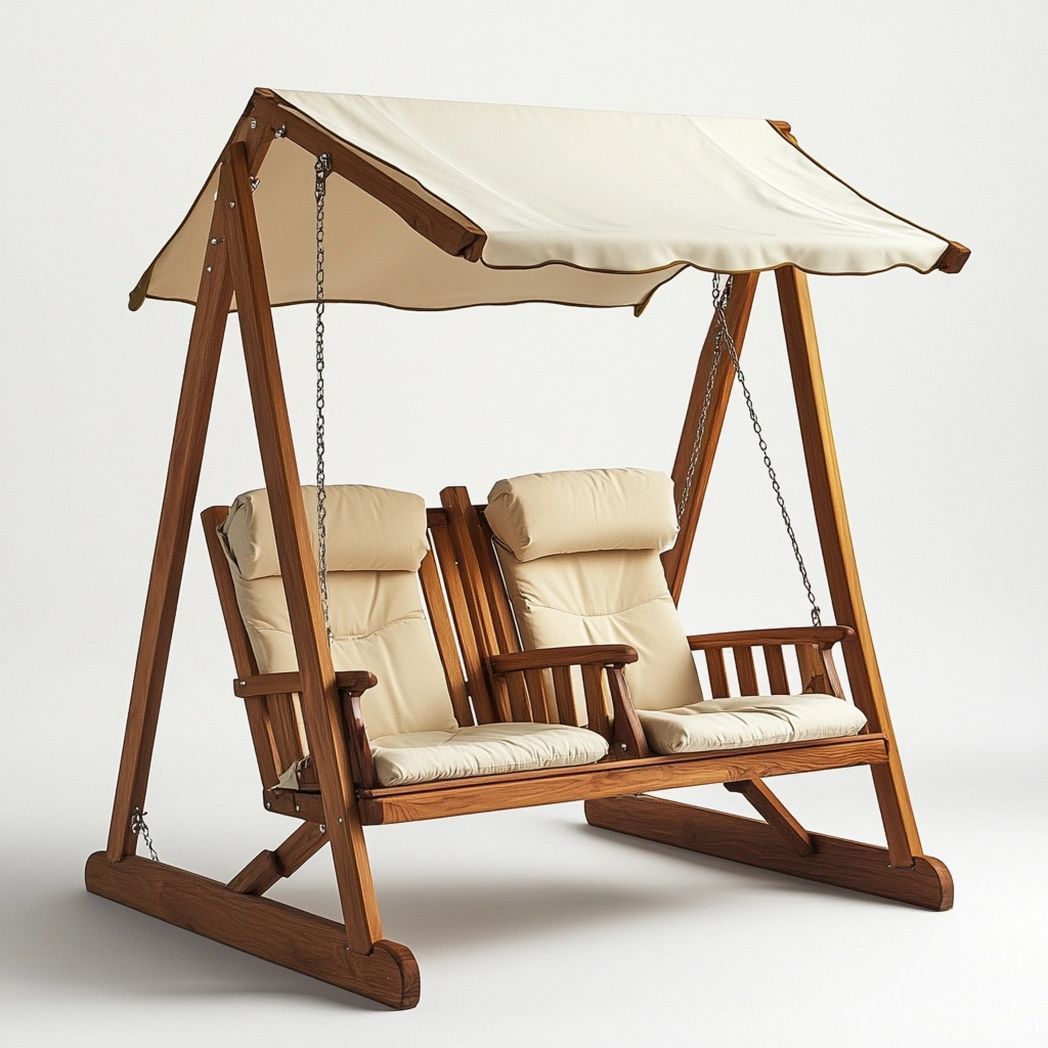 Columpio de Jardín Doble de Madera con Cojines y Techo Beige para Exterior 200x150x170 cm-Douxtendance