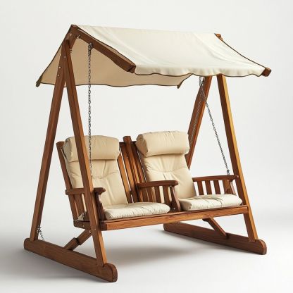 Columpio de Jardín Doble de Madera con Cojines y Techo Beige para Exterior 200x150x170 cm-Douxtendance