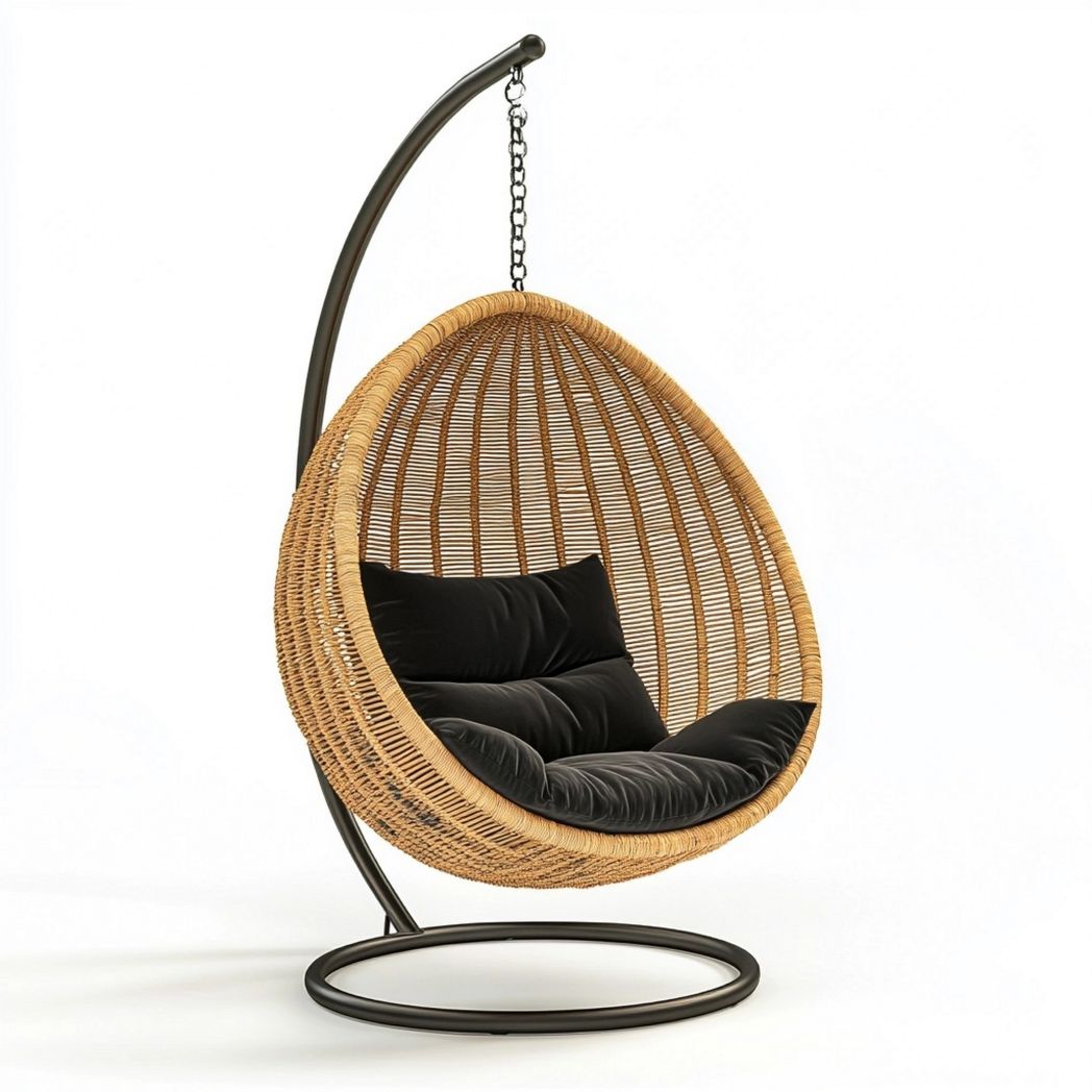 Silla Colgante de Exterior con Cojín de Ratán Natural para Jardín/Naturaleza/Negro 105x105x195 cm-Douxtendance