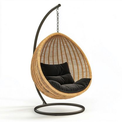 Silla Colgante de Exterior con Cojín de Ratán Natural para Jardín/Naturaleza/Negro 105x105x195 cm-Douxtendance