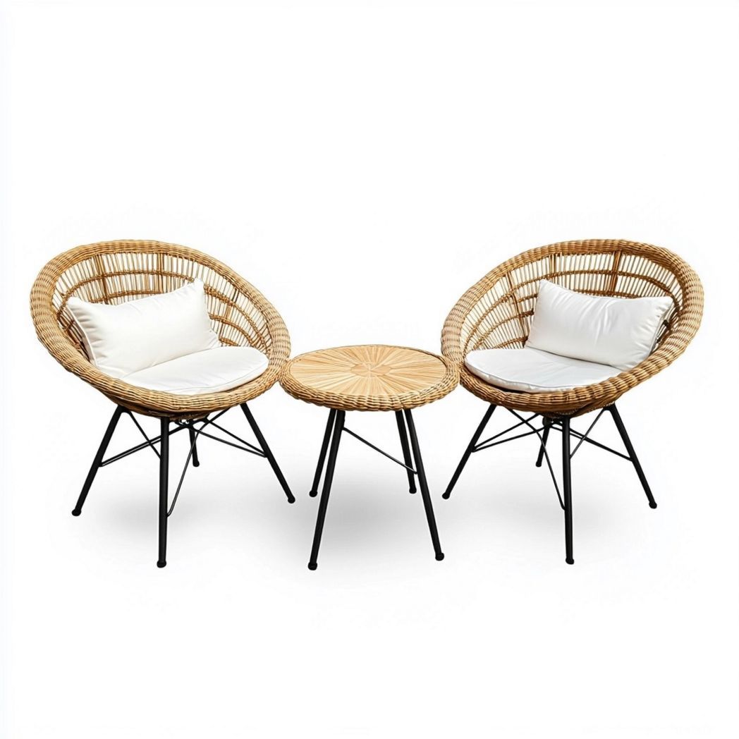 Conjunto Muebles Jardín 2 Sillas Ratán Sintético Cojines Beige Mesa Redonda Exterior-Douxtendance