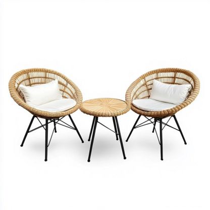 Conjunto Muebles Jardín 2 Sillas Ratán Sintético Cojines Beige Mesa Redonda Exterior-Douxtendance