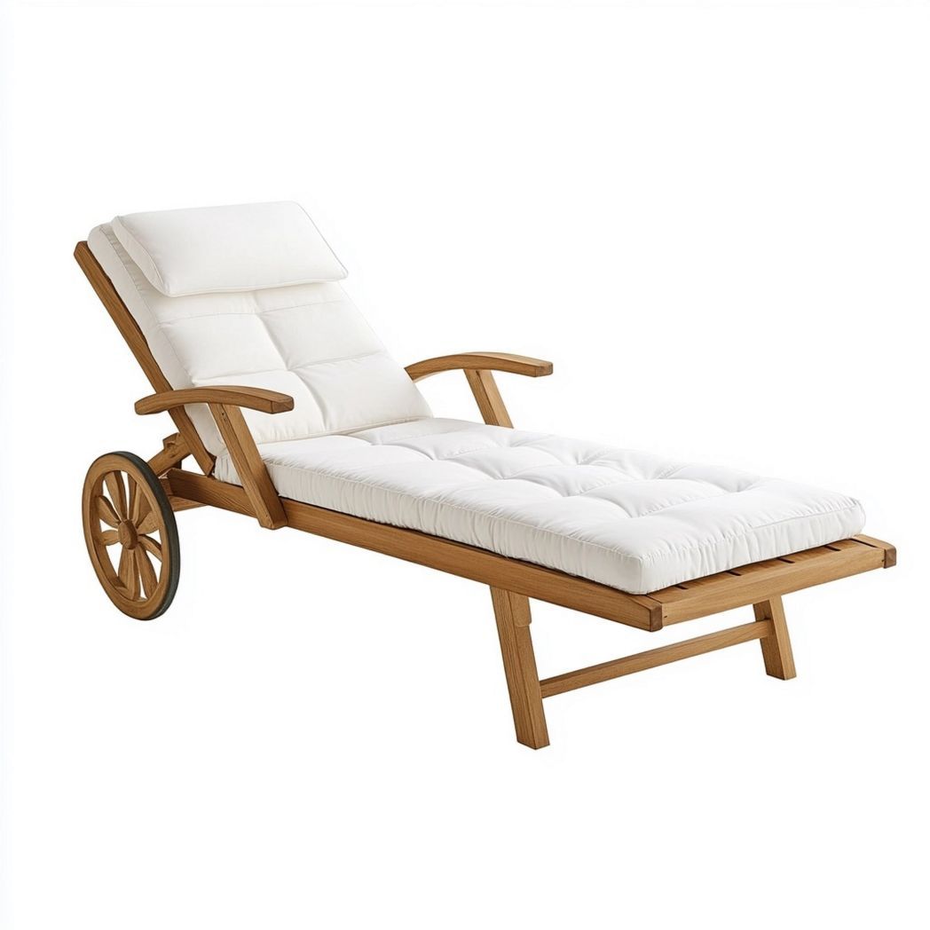 Tumbona de jardín ajustable de madera con cojín blanco – Ideal para relajación en exteriores-Douxtendance