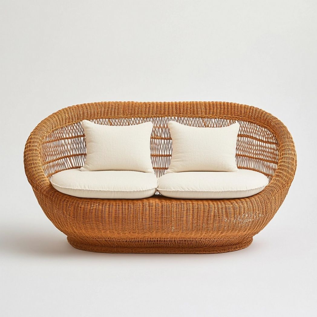 Sofá de Mimbre para Exterior Acogedor Elegante Natural con Cojines de Algodón-Douxtendance