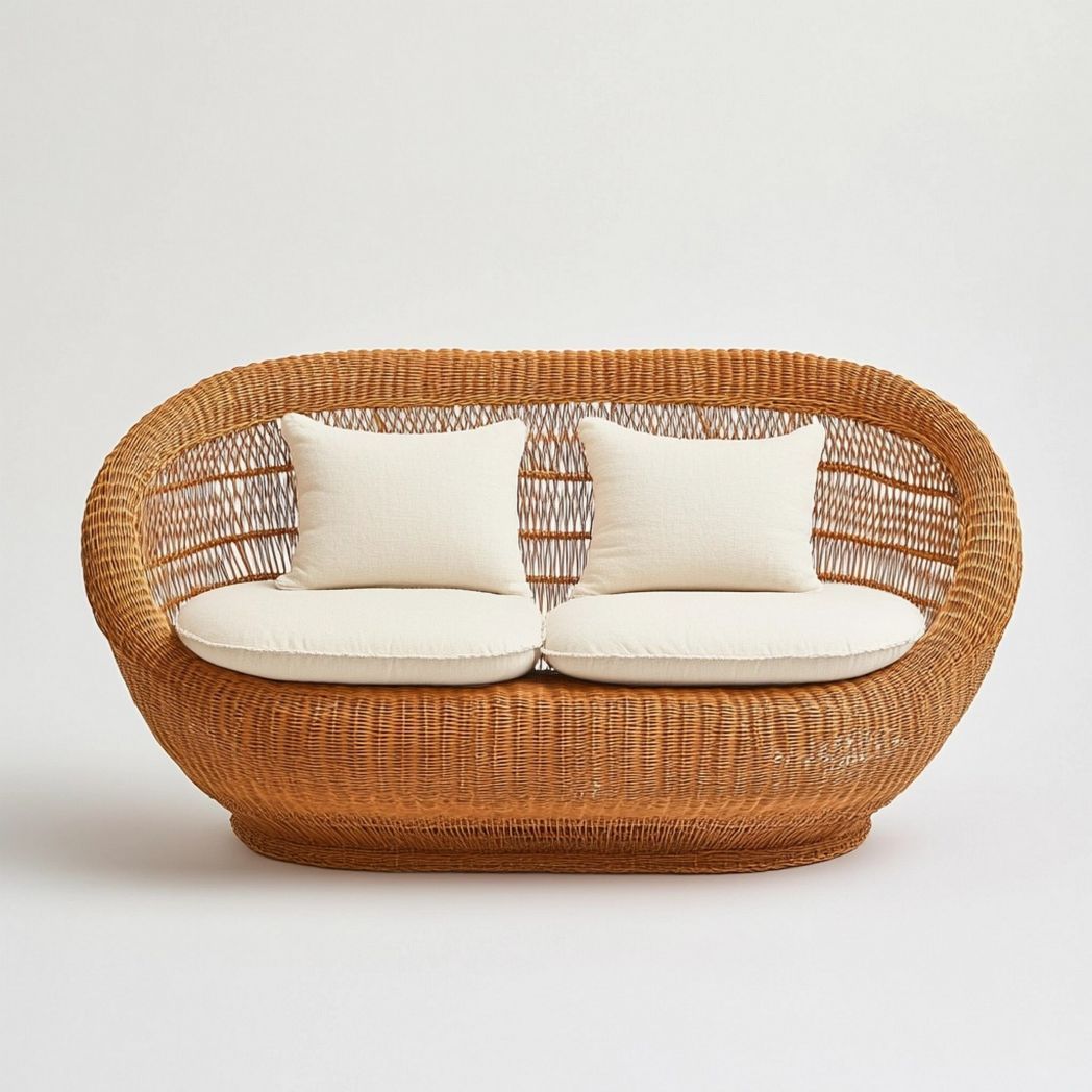 Sofá de Mimbre para Exterior Acogedor Elegante Natural con Cojines de Algodón-Douxtendance