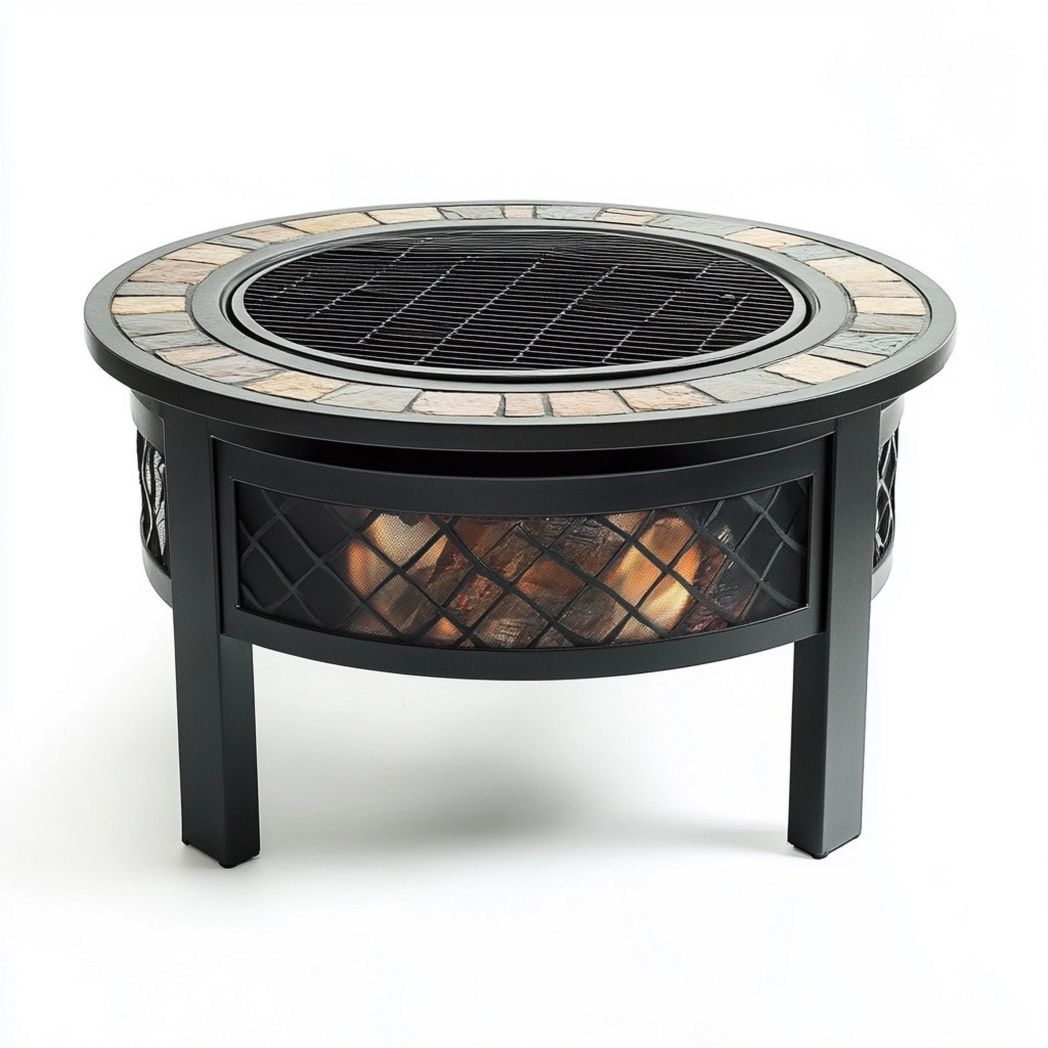 Brasero de Jardín Exterior Redondo con Rejilla de Metal y Borde de Piedra Negra para Calefacción Diámetro 75cm-Douxtendance