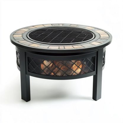 Brasero de Jardín Exterior Redondo con Rejilla de Metal y Borde de Piedra Negra para Calefacción Diámetro 75cm-Douxtendance