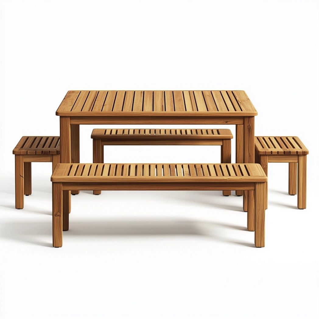 Conjunto de mesa y bancos de jardín en madera maciza para exteriores natural-Douxtendance