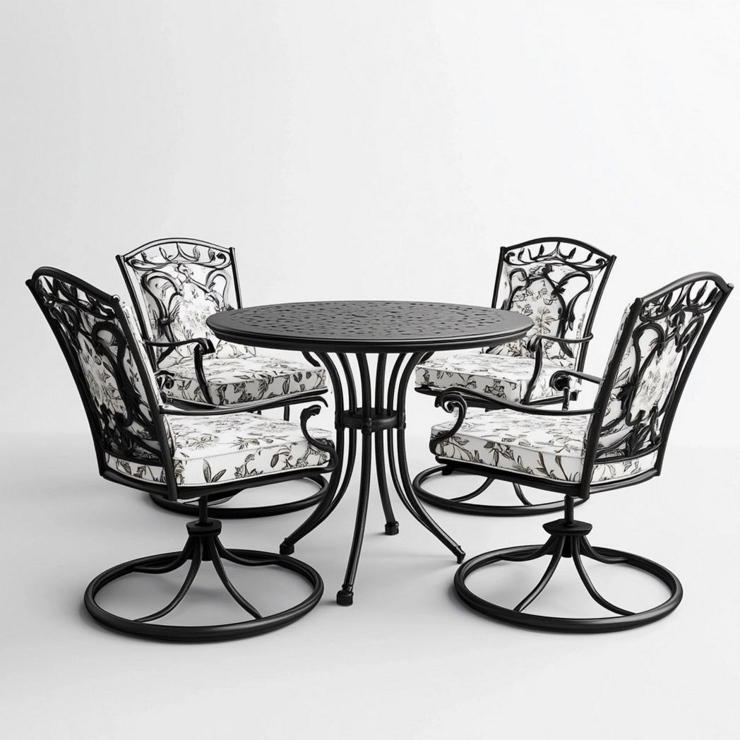 Juego de Comedor al Aire Libre Mesa Redonda Aluminio Cojines Modernos Negro Terraza 4 Sillas-Douxtendance