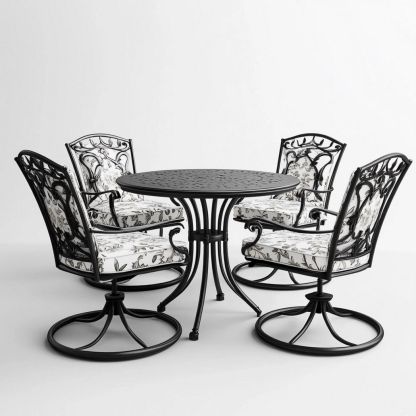 Juego de Comedor al Aire Libre Mesa Redonda Aluminio Cojines Modernos Negro Terraza 4 Sillas-Douxtendance