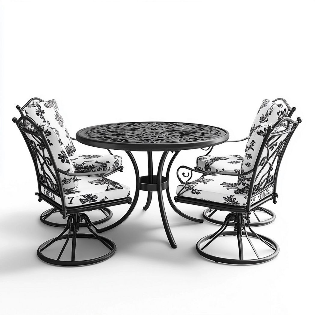 Conjunto de Mesa Redonda para Exterior con Sillas Giratorias de Aluminio y Cojines Blancos/Negros-Douxtendance