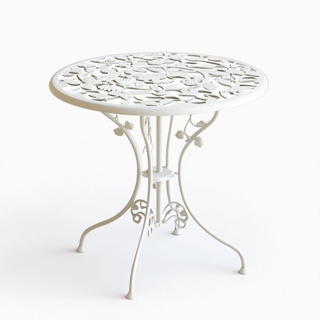 Mesa Redonda Decorativa de Jardín Hierro Diseño Floral Blanco 70cm-Douxtendance