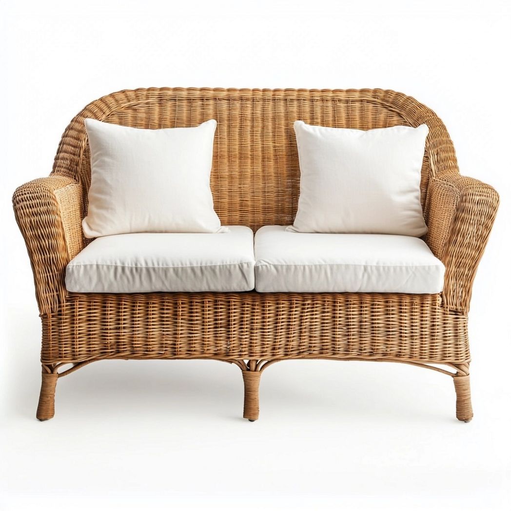 Sofá de Mimbre para Exteriores 2 Plazas con Cojines Blancos Patio Jardín 150x85x75 cm-Douxtendance