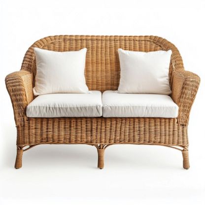 Sofá de Mimbre para Exteriores 2 Plazas con Cojines Blancos Patio Jardín 150x85x75 cm-Douxtendance