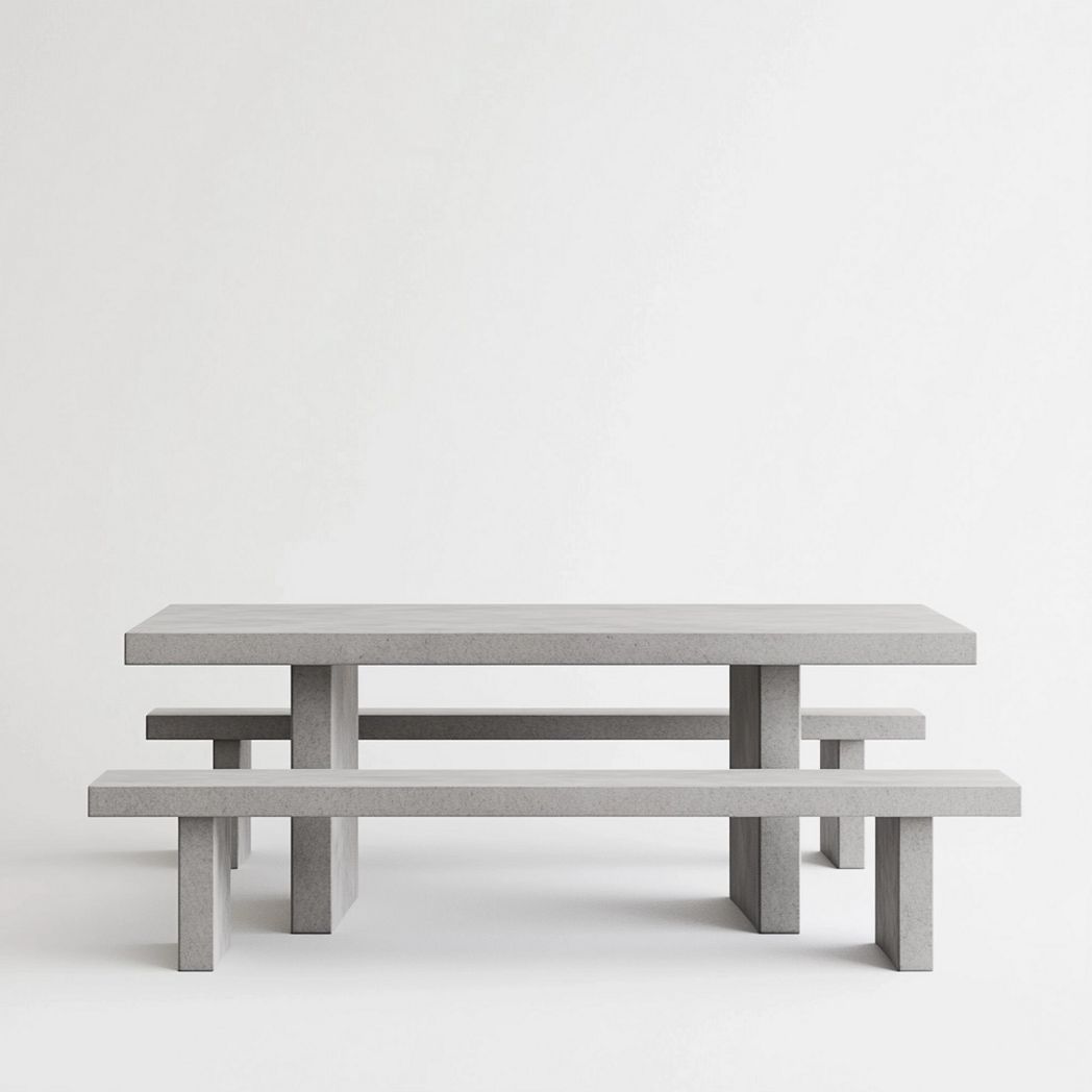 Mesa y Bancos de Comedor Concreto Rectangular Exterior Gris Claro-Douxtendance