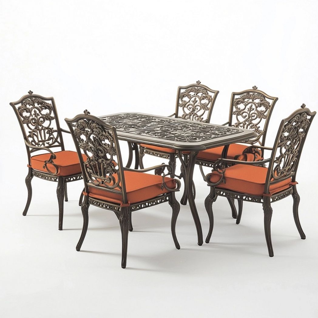 Juego de Comedor Exterior Aluminio Fundido Asientos Acolchados Marrón/Naranja-Douxtendance