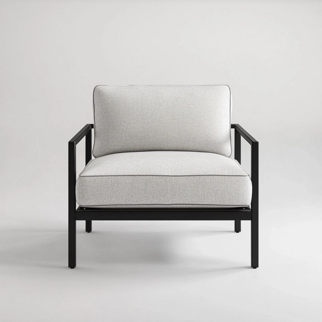 Sillón moderno de interior/exterior con estructura metálica y cojines gris claro para sala de estar 90x80x75 cm-Douxtendance