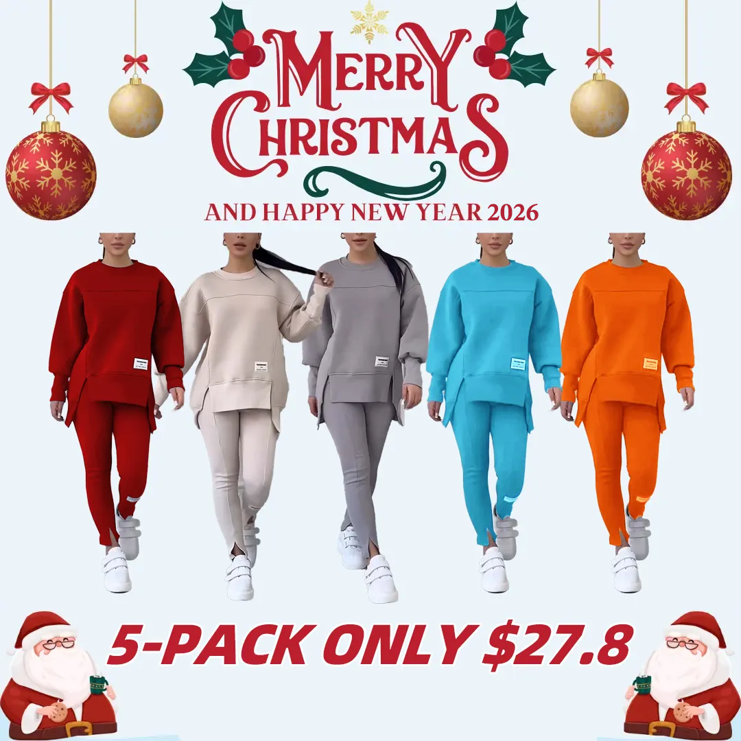 🎄Christmas Deals🎄Women's Casual Solid Color Round Neck Long Sleeve Slit Hem Sweatshirt Leggings Set