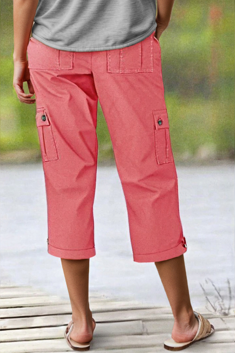 Roll Tab Hem Multi Pocket Capri Mid Waist Cargo Pants