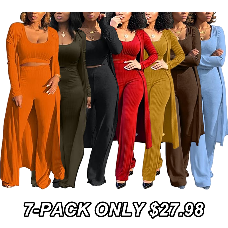 LKOUS 3 Piece Suit for Women's Solid Long Sleeve Open Front Long Coat