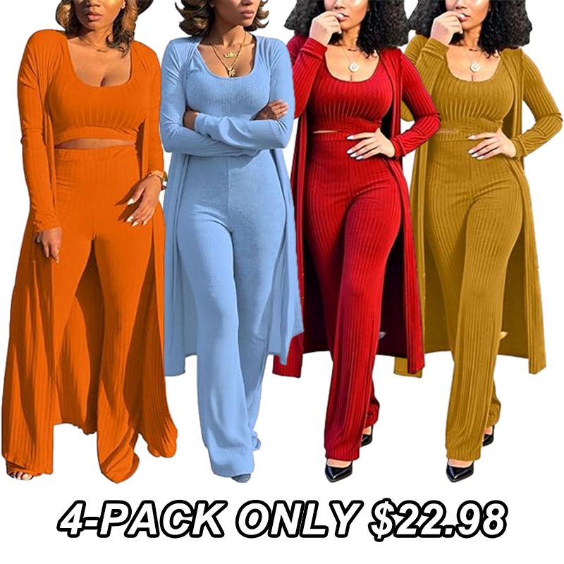 LKOUS 3 Piece Suit for Women's Solid Long Sleeve Open Front Long Coat and Crop Tank Top with Leggings Loungewear