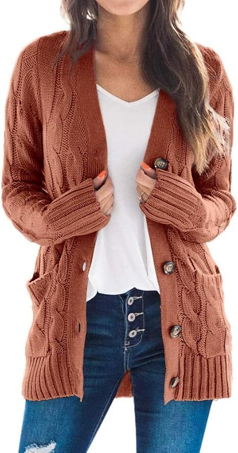 Women's Fall Casual Long Sleeve Button Down Open Front Cable Knit Cardigan