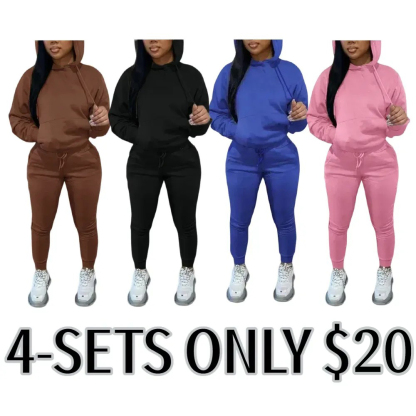 Casual Plain Drawstring Sweatshirt Outfit Set, Fitted Regular Length, Moderate Fabric, Fall & Winter Wear, Women's Clothing