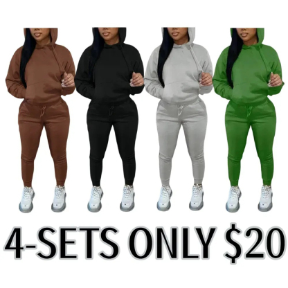 Casual Plain Drawstring Sweatshirt Outfit Set, Fitted Regular Length, Moderate Fabric, Fall & Winter Wear, Women's Clothing