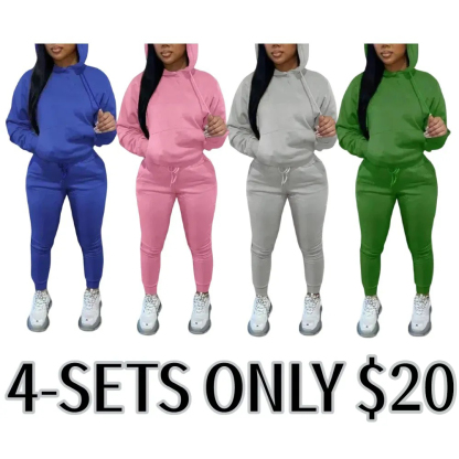 Casual Plain Drawstring Sweatshirt Outfit Set, Fitted Regular Length, Moderate Fabric, Fall & Winter Wear, Women's Clothing