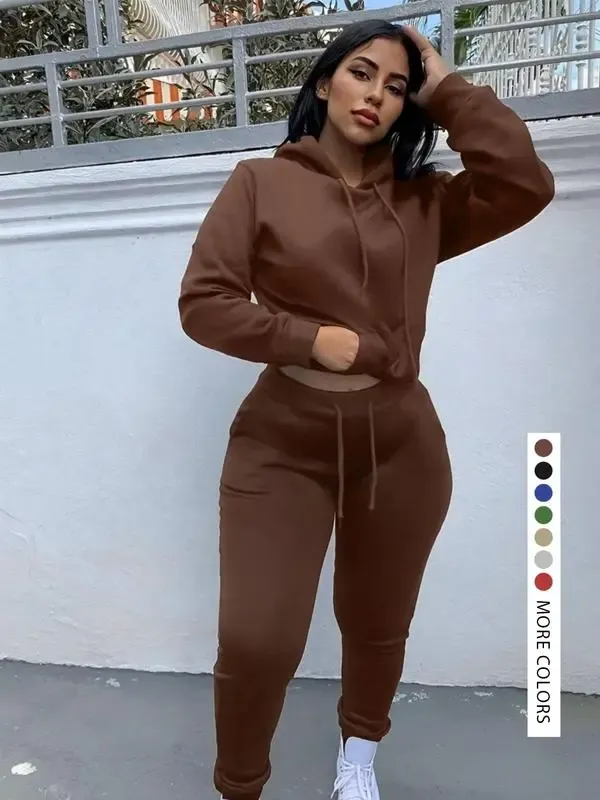 Casual Plain Drawstring Sweatshirt Outfit Set, Fitted Regular Length, Moderate Fabric, Fall & Winter Wear, Women's Clothing