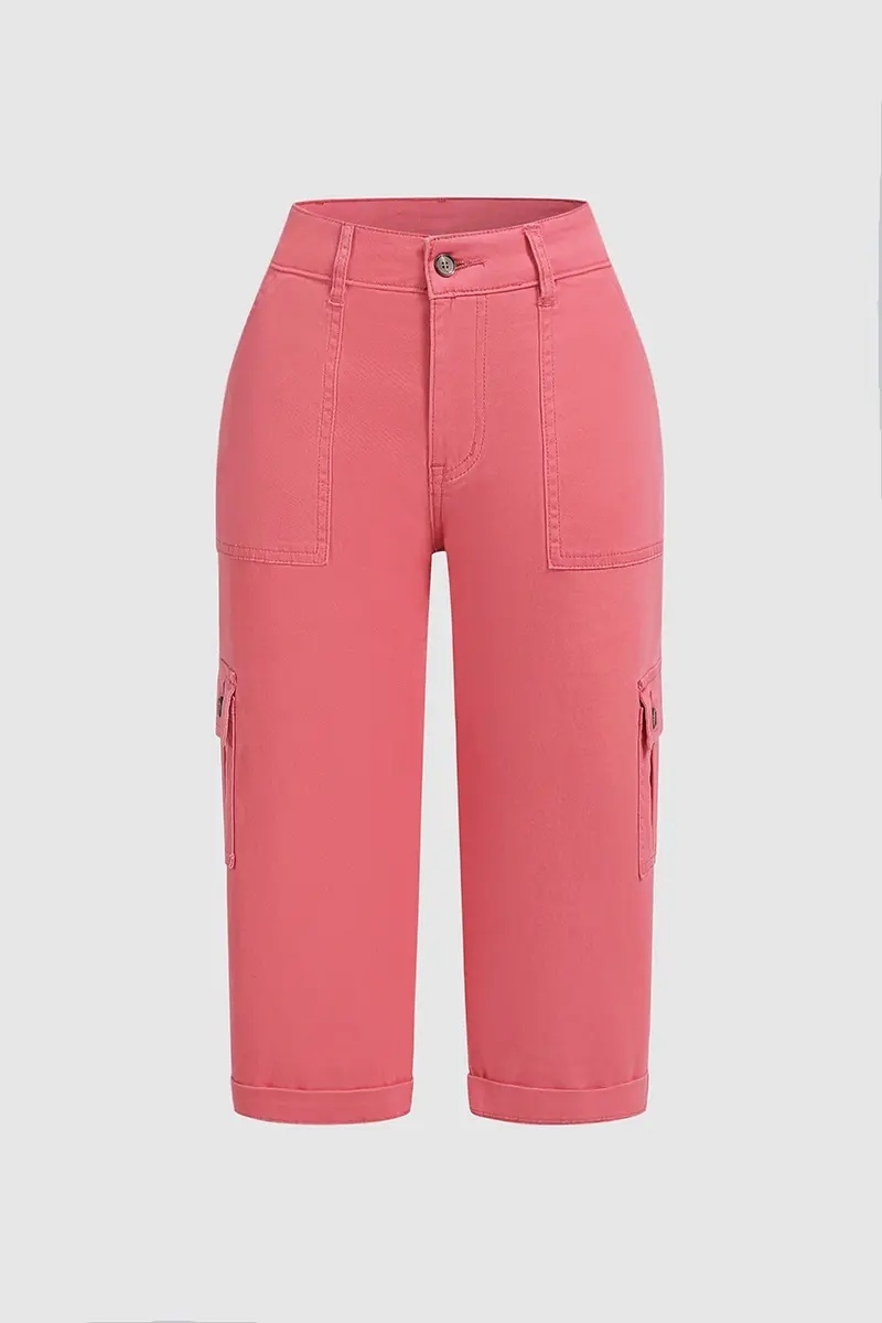 Roll Tab Hem Multi Pocket Capri Mid Waist Cargo Pants