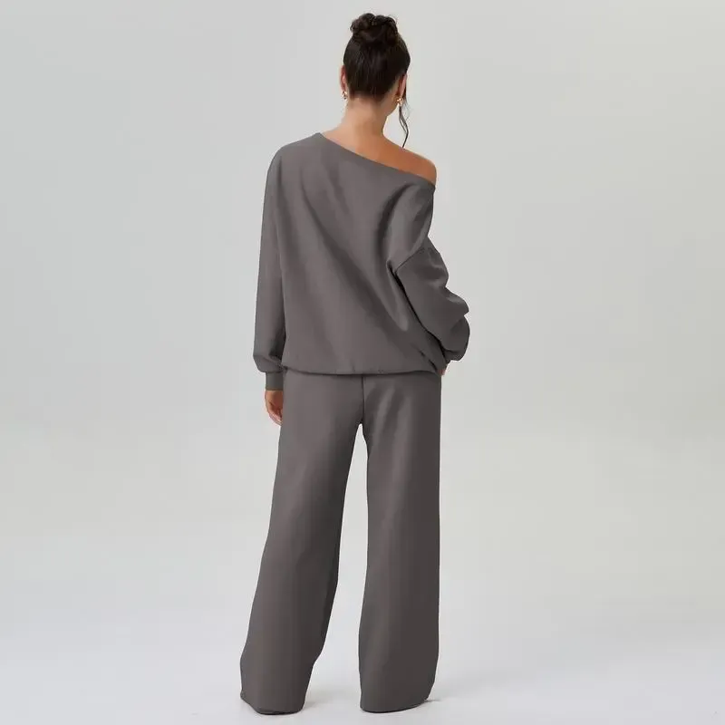 Sloping Shoulder Top & Wide Leg Pants Set